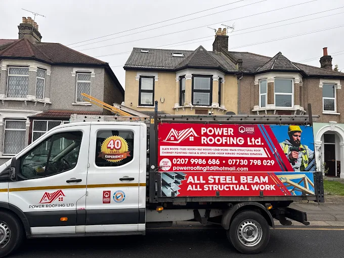 Power Roofing Ltd branded company van with 40 years experience badge
